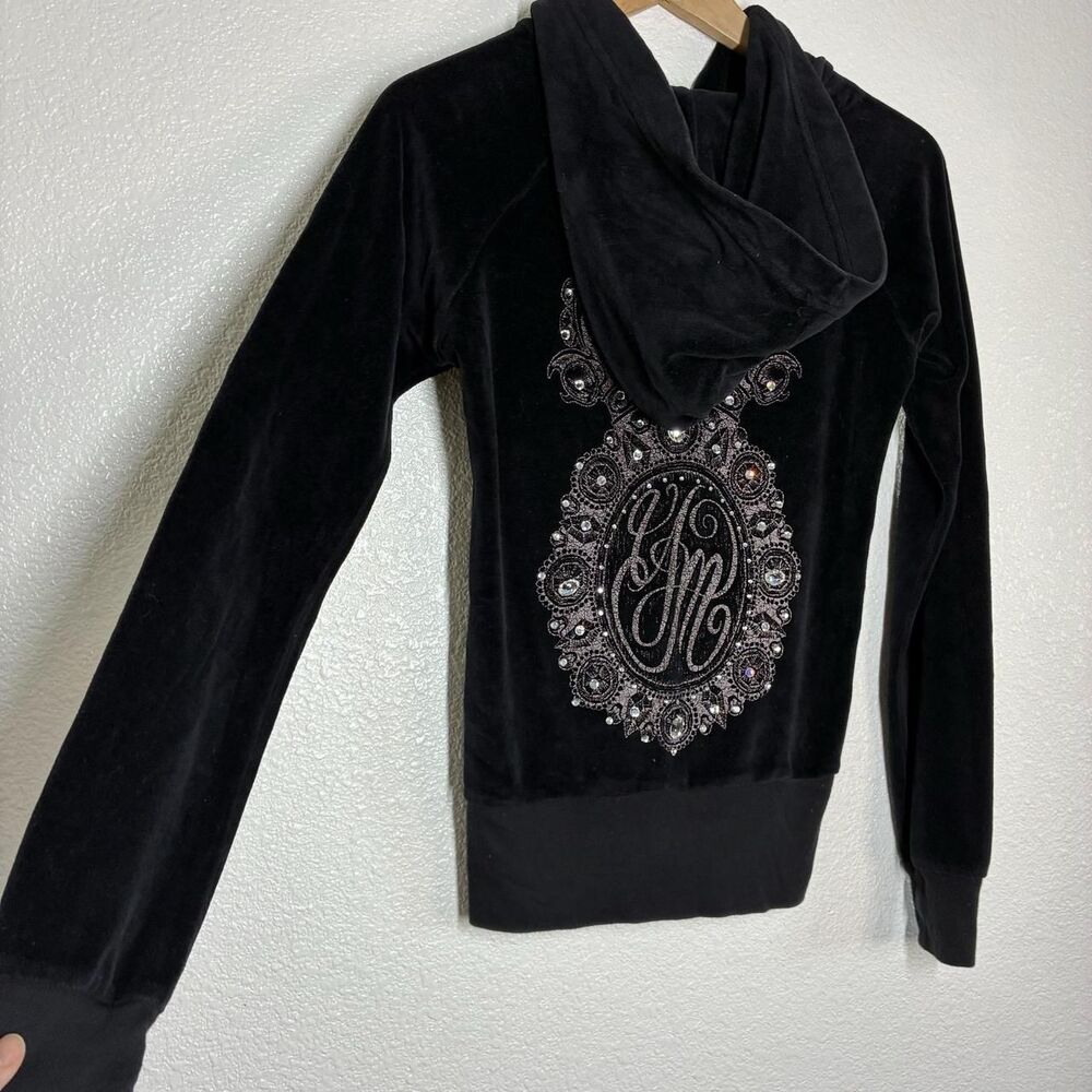 Yvette Mandell Hoodie Womens M Black Velour Full Zip Jeweled Crown Graphic y2k - Picture 3 of 8